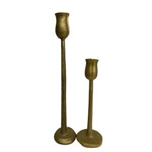 Pair Forged &Molded Iron Taper Candle Holders Gold Tone Brutalist Style 12" & 8"